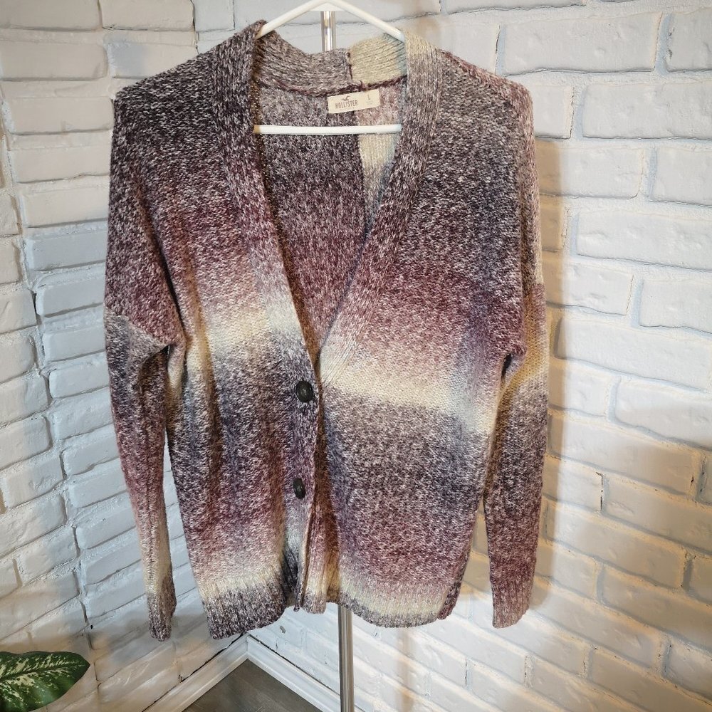 Hollister Ladies Size Large Beige Burgundy & Grey Button Front Cardigan